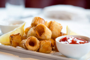 Fresh Hearts of Palm Vegan Calamari by Chef Tal Ronnen and Chef Scot Jones of Crossroads Kitchen in West Hollywood California